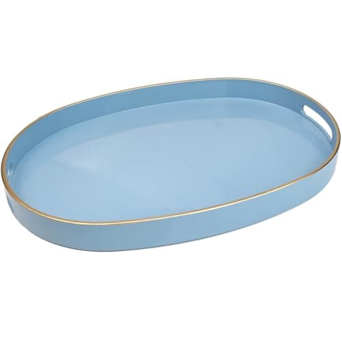 Spsyrine Blue Plastic Serving Tray for Ottoman, Coffee Table, Oval Decorative Tray for Entertaining, Outdoor, Living Room, Home Decor