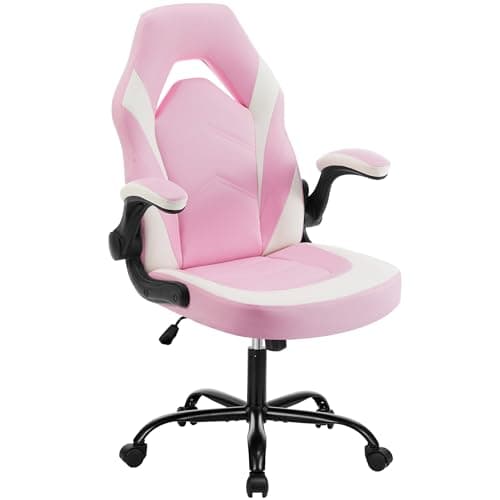 Sweetcrispy Computer Gaming Desk Chair - Ergonomic Lumbar Support Executive with PU Leather and Flip-up Armrest, Height Adjustable with 360° Swivel Wheels, Pink White, for Home and Office 7