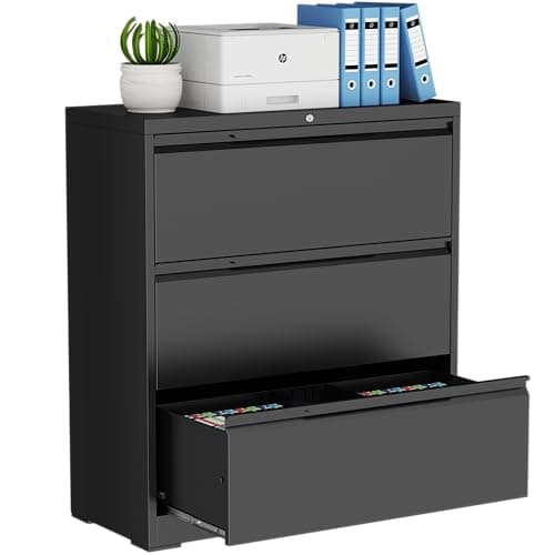 PIYAZEE Lateral File Cabinet, 3 Drawer Lateral File Cabinet with Lock, Metal Lateral Filing Cabinet for Home Office, Office Organization Cabinet for Letter/Legal/F4/A4 Size