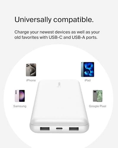 Belkin Portable Charger, USB C Power Bank 20000 mAh w/ 1xUSB-C Port & 2xUSB-A Ports, 15W w/Type-C to Type-A Cable - iPhone 17, Samsung Galaxy S25, Nintendo Switch 2, Google Pixel 10, etc. - White 8