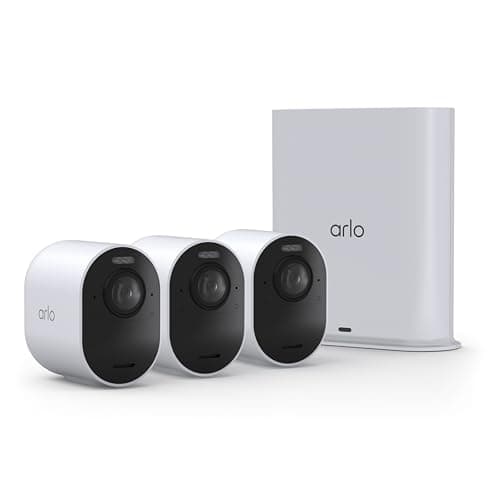 Arlo Ultra Security Camera 4K HDR (3rd Gen, 2025 Release) + SmartHub, Battery Power, Emergency Response, AI Event Captions, 1-Month Trial of Secure Plan, 180° Field of View, 3 Cam, White