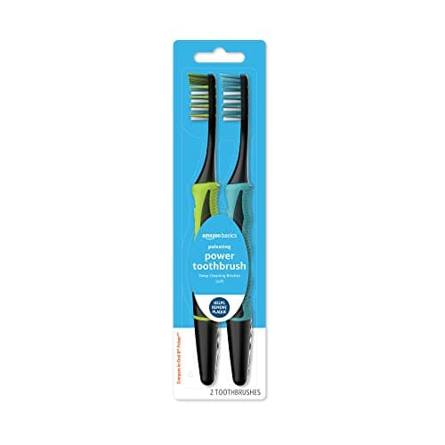 Amazon Basics Soft Electric Toothbrushes for Adults, Pulsating Deep Cleaning, Plaque Removal, Sensitive Gums, Battery Powered, Soft Bristles, 2 Count, Assorted Colors