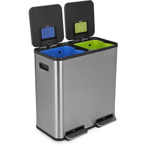 Simpli-Magic 80 Liter / 21 Gallon Rectangular Hands-Free Dual Compartment Recycling Kitchen Step Trash Can with Soft-Close Single Lid, Stainless Steel (40L x 40 L Capacity) Stainless Steel Finish
