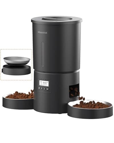 Dual Automatic Cat Feeder 2 Cats,6 Meals/Day,12 Portions/Meal,4.2L Dual Power Double Bowls Feeder,Dry Food Auto Pet Dispenser,10S Voice Record,Flexible Schedule Timer (Black,Stainless Dual Bowls)