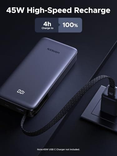 UGREEN Nexode Power Bank 20000mAh 45W with Built-in Cable, Fast Charging Portable Charger for iPhone 17 Pro/Samsung S26 Ultra/iPad Pro, 3-Port External Battery Pack with Digital Display, Travel Ready 8