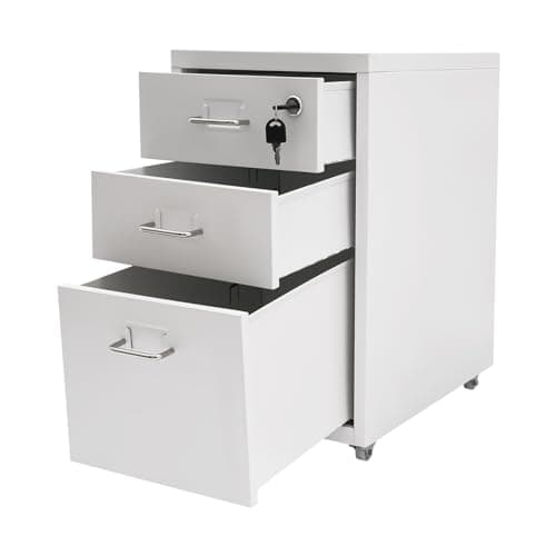 FUODIHEE 3 Drawer File Cabinet with Wheels, Vertical Mobile Office Metal Storage Cabinet with Lock, Office File Cabinet Under Desk for Home Office, 11x16x18.3in (White) 7