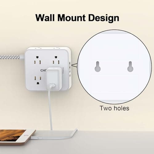 Surge Protector Power Strip - CHCORE 5Ft Braided Extension Cord with 8 Outlets with 4 USB (2 USB C) Charging Ports, Flat Plug Multi Plug Outlet Extender Charging Station for Home Office, ETL, White 5