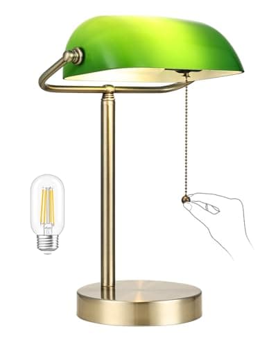 Newrays Traditional Green Glass Bankers Desk Lamp with Pull Chain Switch Plug in Fixture,LED Bulb Included