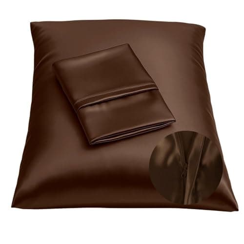 BLISSFORD Brown Satin Pillowcase with Zipper, for Hair and Skin Care, Feels Soft and Cool Like a Silk Pillowcase, Satin Pillow Cases 2 Pack, Slik Pillow Cover, Standard Size, Set of 2
