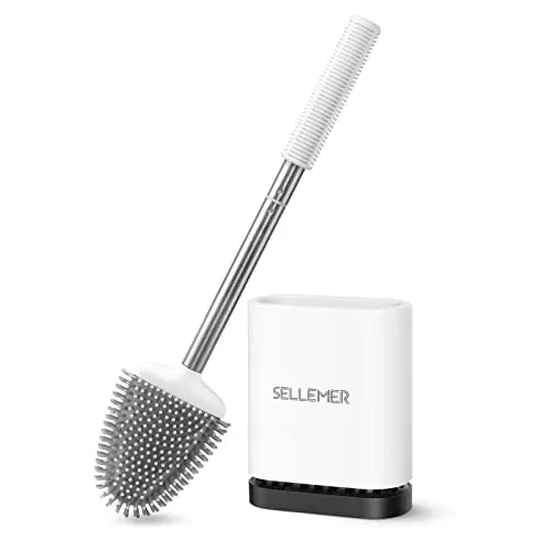 Sellemer Toilet Brush and Holder Set for Bathroom, Flexible Toilet Bowl Brush Head with Silicone Bristles, Compact Size for Storage and Organization, Ventilation Slots Base (1 Pack, White)