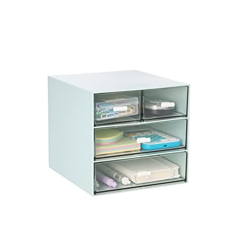 Desk Organizer with 4 Drawers, Clear Plastic Desk Storage Box, Desktop Organization for Office Supplies, Gel Pens, Pencils, Markers, Tape, Erasers, Paperclips, Chargers (Blue)