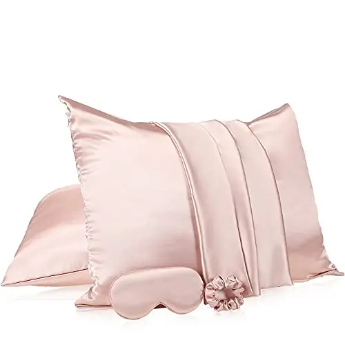 2 Pack Satin Pillowcase with Latent Zipper, Adjustable Satin Eye Mask for Sleeping and Satin Volume Scrunchie for Hair and Skin, Standard Size (Light Pink,Classic Style)