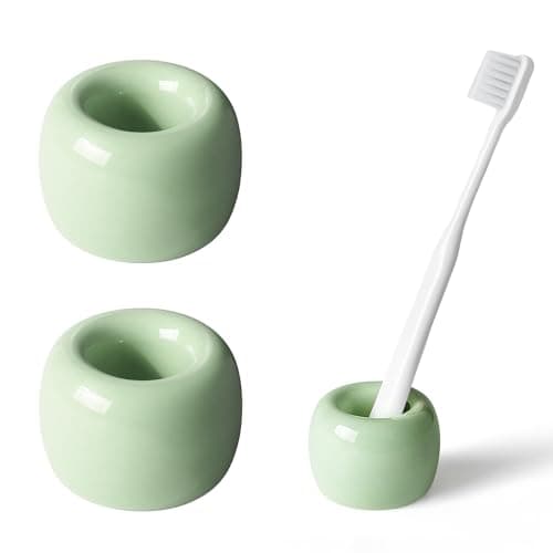 AirMoon Mini Ceramic Toothbrush Holder for Bathroom - Light Green Small Countertop Organizer, Easy Clean Toothbrush Stand, Suit for Electric Toothbrush Head, Pens & Coffee Spoon, Pack of 2