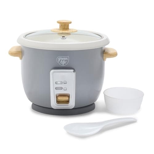 GreenLife Rice Cooker with Removable PFAS-Free Ceramic Nonstick Pot, 3-Cups Uncooked/6-Cups Cooked, Grains & Oatmeal Multicooker, Compact One-Switch Design, Auto Keep Warm, Easy Clean, Gray