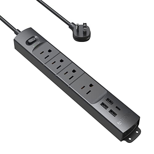 TROND Surge Protector Power Strip with USB, Ultra Thin Flat Plug 3ft Extension Cord 1625W, 3 USB A & 1 USB C, 4 AC Outlets 1440J Surge Protection, ETL Listed, Wall Mount for Home Office Dorm, Black