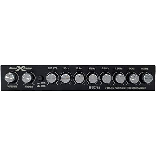 SoundXtreme ST-EQ755 1/2 Din 7 Band Car Audio Parametric Equalizer EQ with Front, Rear + Sub Output 8 Volt RMS Three Stereo RCA Output Built-in Input AUX / DVD Select Switch 6