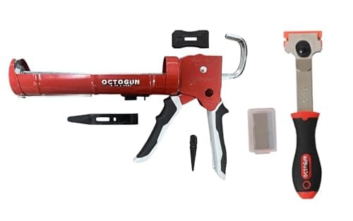 Newborn Scrapper Tool & Octogun 930-GTD Drip-Free Caulking Gun - Gator Trigger Grip | Fits 1/10 Gallon Cartridge |10:1 Thrust Ratio | Smooth Hex Rod Cradle with Built-in Smoother Tool | Plug Included