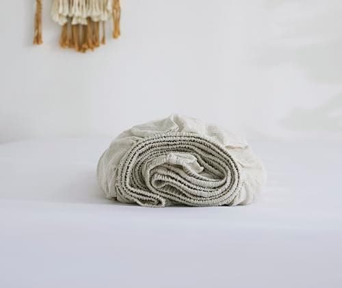 AORISSI 100% Linen Fitted Sheet King(1 Piece), 15 Inch Deep Pocket Mattress Cover French Flax Stone Washed Farmhouse Soft Breathable Bottom Sheets(Natural Linen, King)