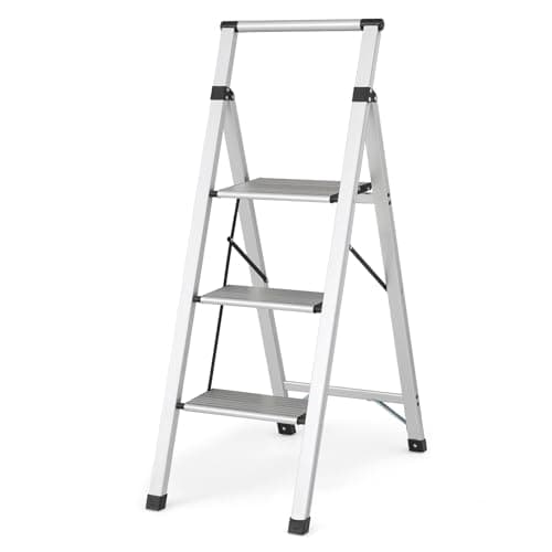 Magshion 3 Step Ladder Wide Anti-Slip Pedals Step Stool, Lightweight Aluminum Folding Ladder with Handgrip for Kitchen, Household and Office (330lbs Capacity)