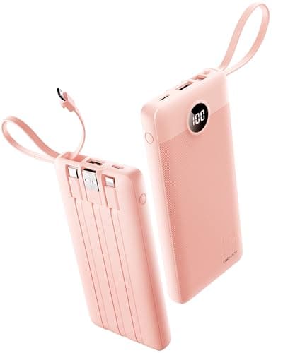 Coowisty Portable Phone Charger, Slim 10000mAh Travel Essentials Power Bank with Cords Wires, Battery Pack 5 Outputs 2 Inputs LED Display Compatible with iPhone/Android & More (Pink)