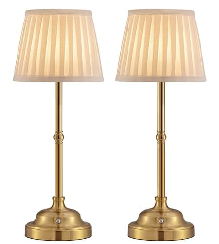 KDG Cordless LED Table Lamp Set of 2, Portables Fabric Shade Desk Lamps, 5000mAh Rechargeable Battery Powered Lighting, Dimmable Light for Dining Room, Bedroom, Bedside, Night Light, Balcony (Bronze)