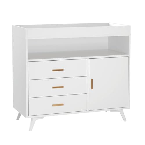 Nursery Dresser with Baby Changing Table,Diaper Changer Tables with 3-Drawer & Shelves, Wooden Baby Dresser with Top, Wood Diaper Changing Station 8