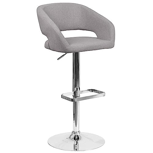 Flash Furniture Erik Contemporary Adjustable Height Barstool with Footrest and Rounded Mid-Back, Upholstered Bar or Counter Height Stool, Gray/Chrome