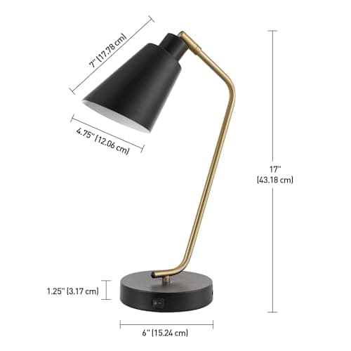 Globe Electric 52095 Belmont 17" Desk Lamp, Matte Black, Antique Brass Accents, Fast Charging USB Port, Rocker On/Off Switch 6