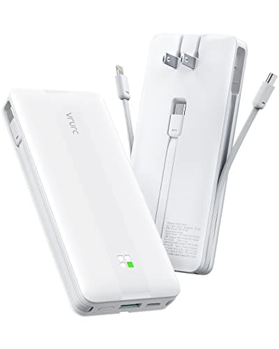 VRURC Portable Charger, 22.5W Fast Charging Power Bank with Built-in Cables & AC Wall Plug, 10000mAh Battery Pack(QC4.0 PD3.0), USB C with 4 Output 2 Input, Compatible with iPhone Samsung etc - White