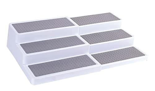 Oizeir 3–Tier Expandable Plastic Spice Rack - Adjustable Length, Stability with Non-Skid Shelf, Three Tiers for Easy Visibility, Organizer for Kitchen Cabinet, Pantry or Countertop, White/Grey
