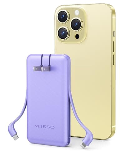 miisso Ultra Slim 10000mAh Power Bank Built-in Cables and Foldable AC Wall Plug, Pocket Size USB C Portable Charger, External Battery Pack Compatible with iPhone Samsung, Purple