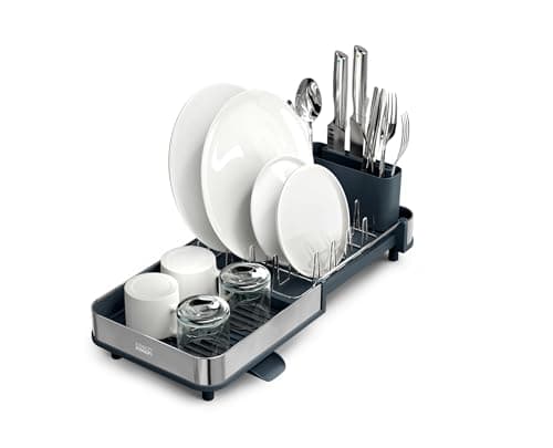 Joseph Joseph Extend Slim Steel Expandable Dish Drying Rack with Removable Cutlery Holder and Swivel Draining Spout, Compact Design, Grey