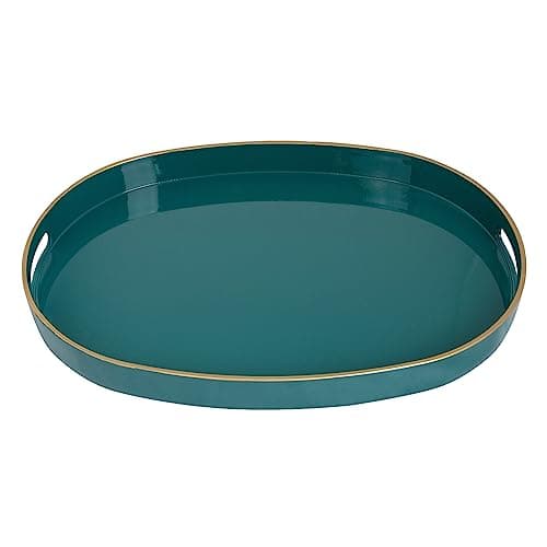 MAONAME Green Decorative Tray, Oval Serving Tray with Handles, Plastic Trays for Coffee Table, Ottoman Trays for Living Room, Bathroom, 15.6" X 10.6" X 1.4"