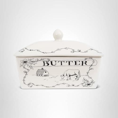 Creative Co-Op Country Stoneware Butter Dish with Lid, "Spread the Love" Message, and Farm Line Drawing, White and Black, Food, Microwave, and Dishwasher Safe 7