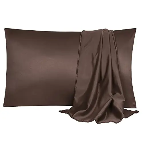 uxcell 2 Pack Silk Satin Pillowcase for Hair and Skin, Cool, Silky, Soft Breathable Pillow Cases Standard Size 20x26 Inch Sateen Pillowcase Brown with Envelope Closure