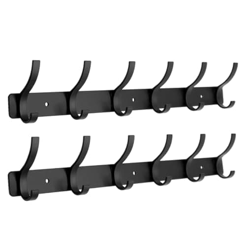 ZGELIN Coat Rack Wall Mounted,6 Coat Hooks for Hanging Coats,Metal Double Hook Rack Hook Rail,Coat Rack with Hooks,Wall Mount Coat Hanger for Hat Towel Purse Robes (2 Pack Black, 6 Hooks)