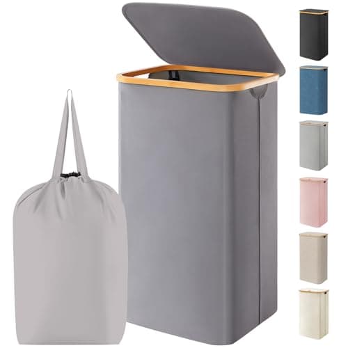 Lifewit 100L Laundry Basket with Lid, Clothes Hampers for Laundry with Bamboo Handles and 1 Removable Bag, Large Foldable Laundry Hamper for Bedroom, Bathroom, Dorm, Laundry Room, Gray