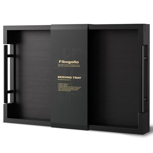 Fibogollo Bamboo Serving Tray with Metal Handles,15x10in Ottoman Decorative Trays Platter for Coffee Table,Living Room,Bar,Party,Medium(Black)