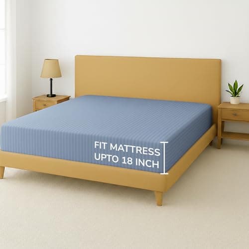 Feather & Stitch 1 Piece Fitted Sheet Queen Size, 100% Cotton Damask Sateen Weave, Striped Breathable, Stretchable Elastic Sheet for Mattress 18 inch Deep Pocket, 500TC Premium Ultra Soft - Blue 5