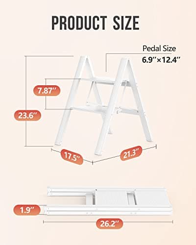 WOA WOA 2 Step Ladder, Foldable Step Stool, Aluminum Lightweight Ladder for Home Kitchen Closet, Anti-Slip Pedals, Ease of Folding, Portable, 300lbs Capacity - White 6