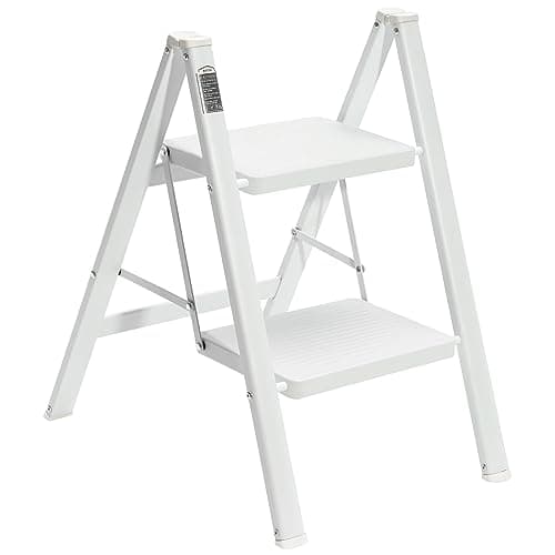 BOCOM 2 Step Ladder, Lightweight Portable Foldable Collapsible Folding Sturdy Iron Metal Step Stool with Anti-Slip Wide Pedal, Heavy Duty 330 lbs Capacity, for Home, Kitchen, Closet, Adults, White