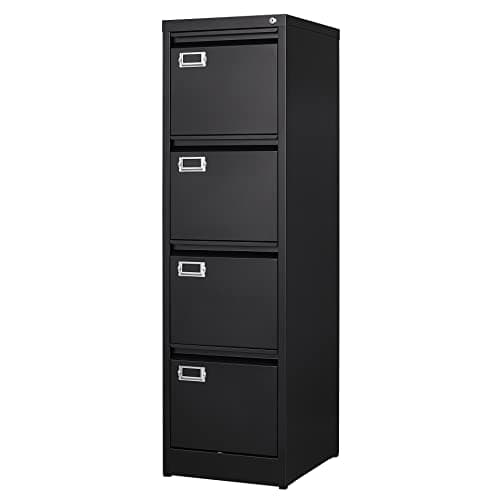 BYNSOE 4 Drawer File Cabinet with Lock Metal Vertical File Cabinet Office Home Vertical File Cabinet for A4 Legal/Letter Size Narrow File Cabinet Locked,Assembly Required (Black, 4 Drawers- Vertical)