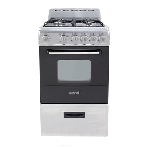 Avanti Gas Range Oven, Compact Freestanding Design, 4 Sealed Burners with Electronic Ignition, 2.1 Cu.Ft. Capacity Features Storage Drawer Broiler and Accessories, 20-Inch, Black