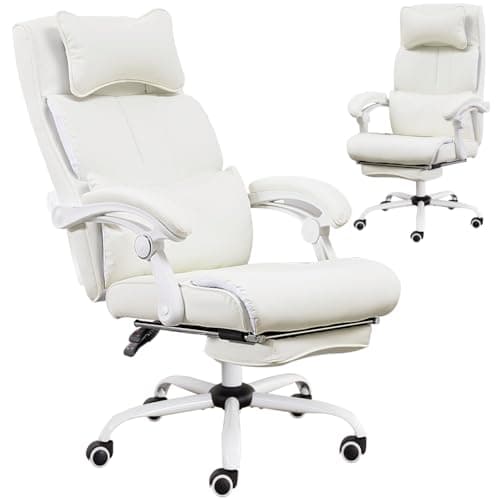 High Back Office Chair with Foot Rest, Reclining Desk Chairs with Footrest White Computer PU Leather Chair, Big and Tall Office Chairs 300 lbs Capacity - Recline Locked at Multi-Position (White)