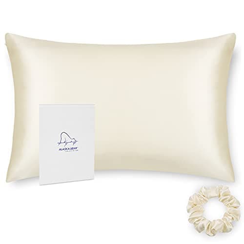 ALASKA BEAR Silk Pillowcase Standard Size for Hair and Skin Beauty Sleep 100% Organic Pillow Slip Case with Random Color Silk Scrunchie Gift Set (1pc, Cream)