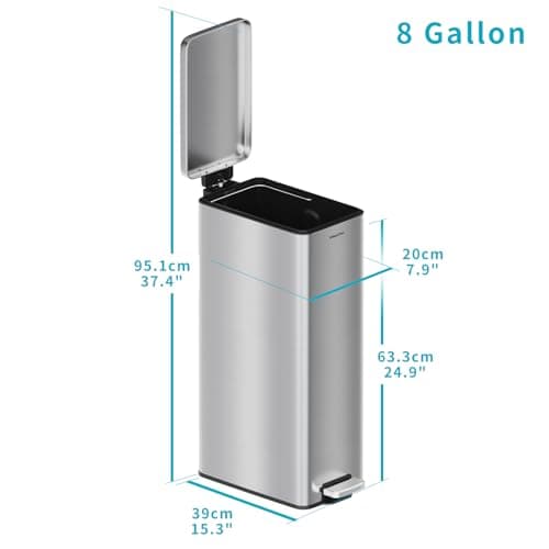 SolaceCove 8 gallon/30L Slim Stainless Steel Garbage Can with Soft Close lid for Small Spaces，Pedal Fingerprint Proof Trash Bin with Removable Inner Bucket for Kitchen 7
