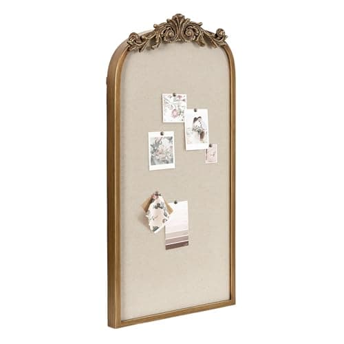 Kate and Laurel Arendahl Arch Pinboard, Gold, 13 x 25, Framed Arched Ornate Vintage Cork Board for Unique Display, Organization, and Decor Options