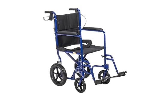 Drive Medical Lightweight Expedition Folding Transport Wheelchair with Hand Brakes - Portable Support - Large Rear Wheels - Compact Folding - Comfortable Design - Blue