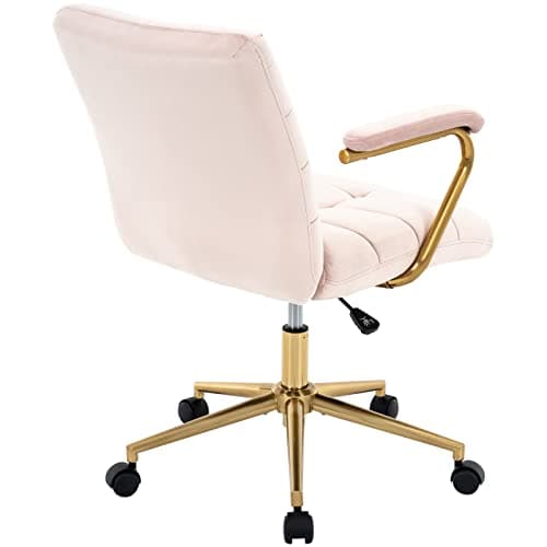 MFD LIVING Velvet Home Office Desk Chair, Upholstered Adjustable Swivel Task Chair with Wheels, Tufted Mid-Back Computer Chair with Arms, for Study Living Room Vanity (Pink, Gold Base) 8