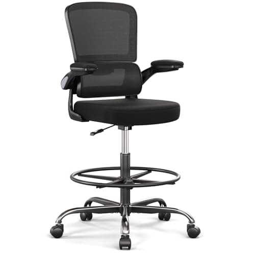 Ergonomic Drafting Chair with Footrest,Tall Office Chair for Standing Desk with Flip-up Armrests with Breathable Comfy Mesh Support and Adjustable Foot Rest Ring(Black)